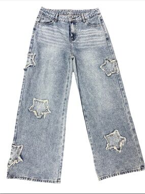 J For Justify Light Wash Wide-Leg Star Embroidered Denim Jeans Size 9